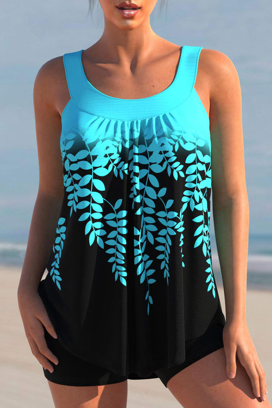 Cyan Leaf Print Ombre Color Block Tankini set