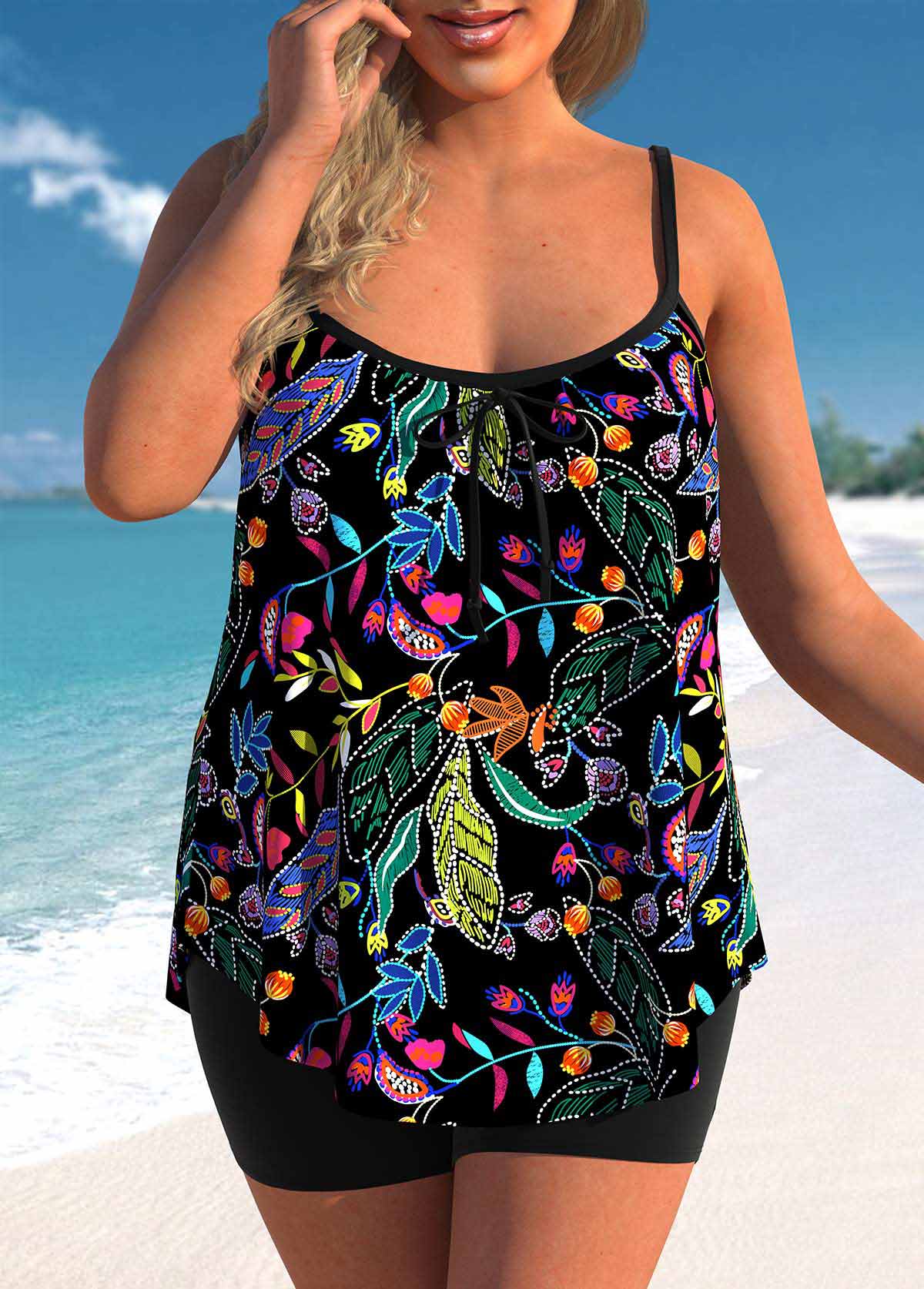 Plus Size Leaf Print Black Tankini Set