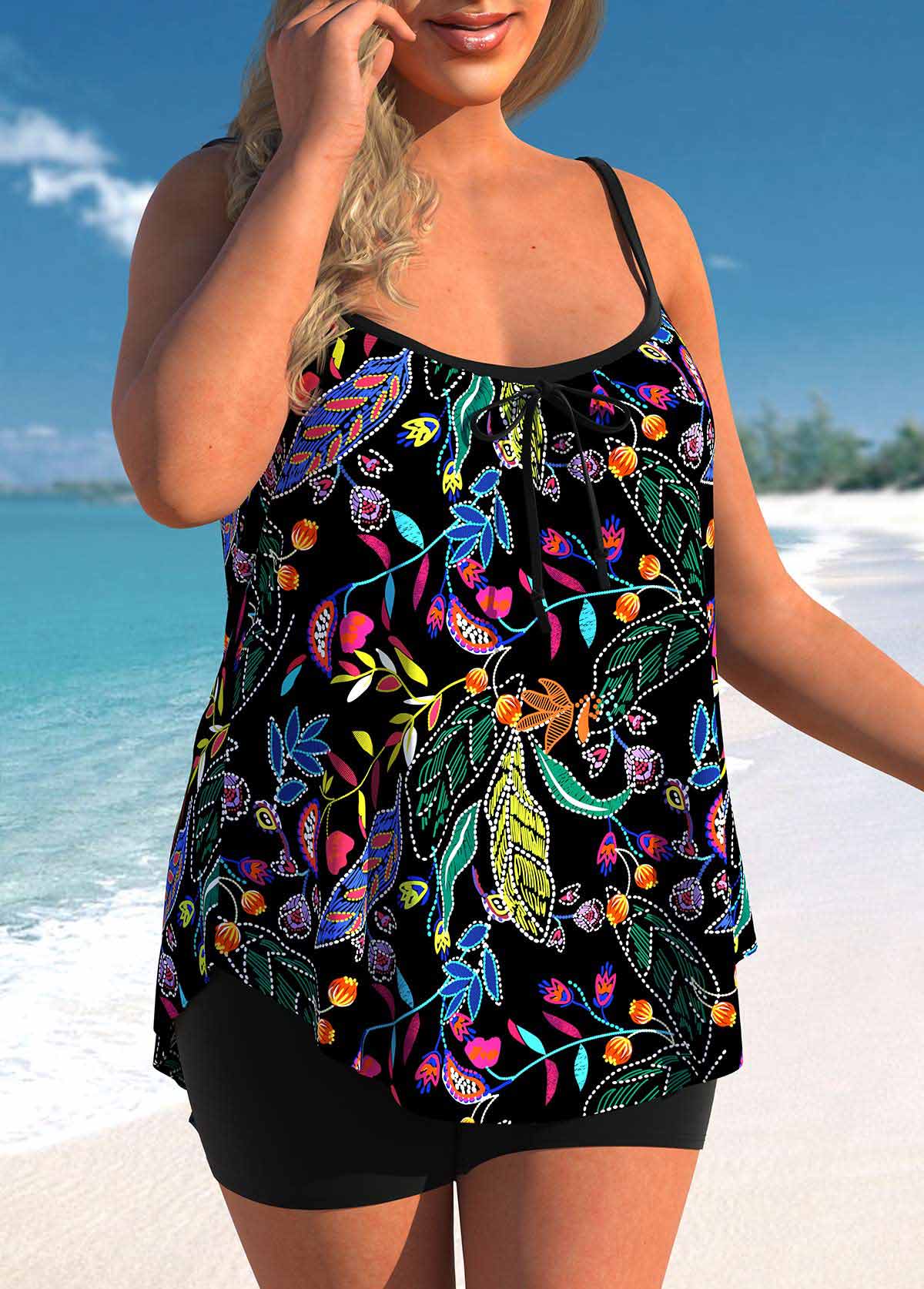 Plus Size Leaf Print Black Tankini Set