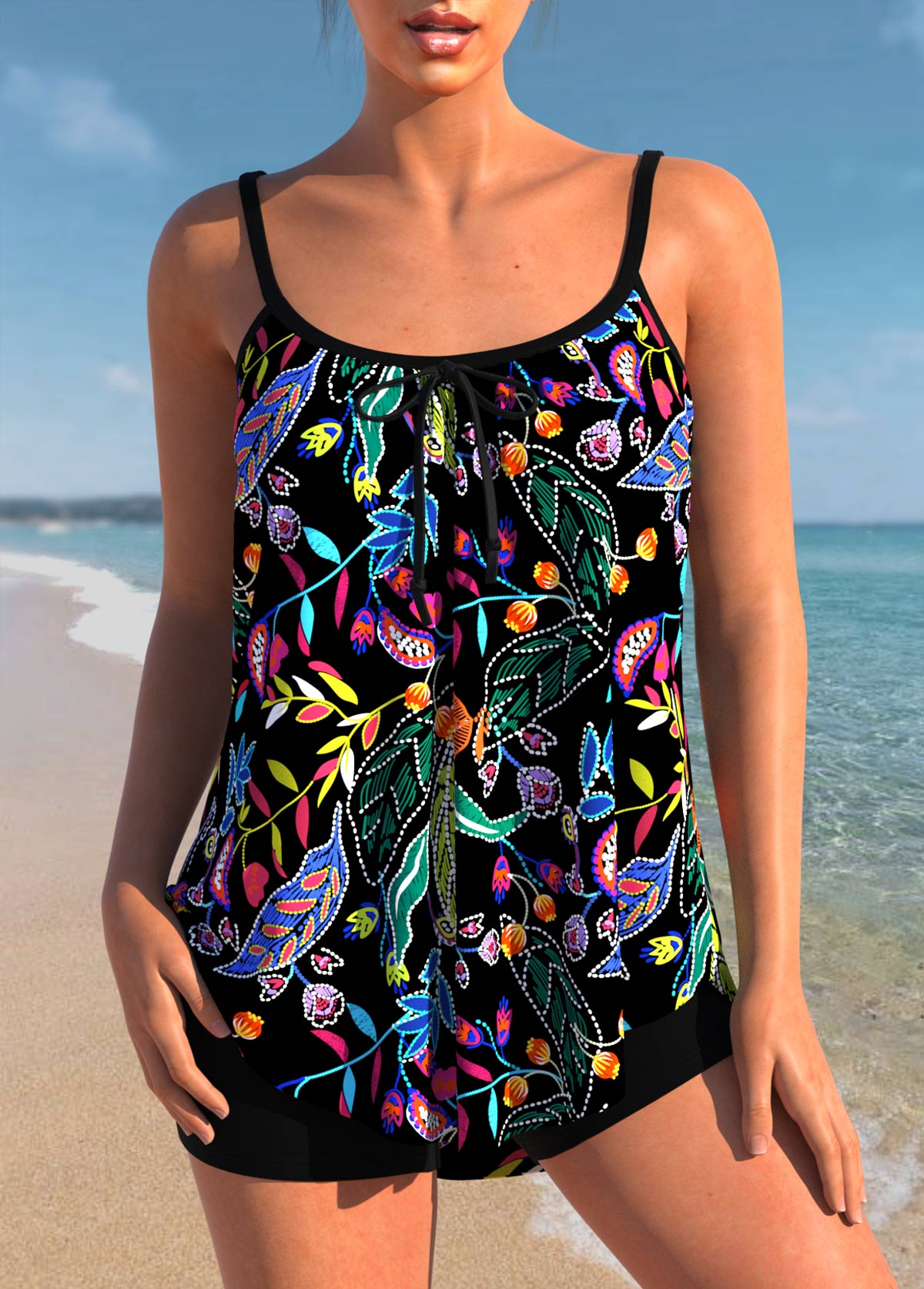 Plus Size Leaf Print Black Tankini Set