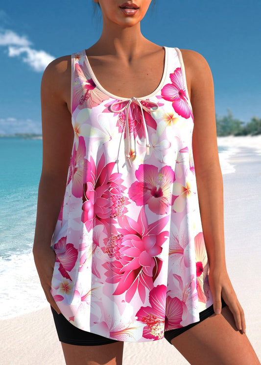 Plus Size Floral Print Pink Tankini Set