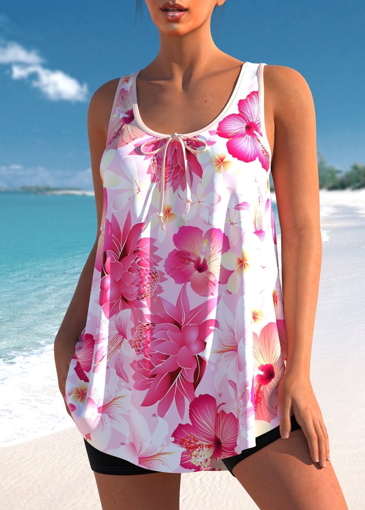 Plus Size Floral Print Pink Tankini Set