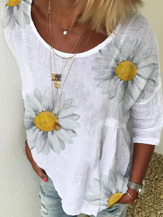 Casual Floral Printed Short Sleeve Cotton Shirts & Tops