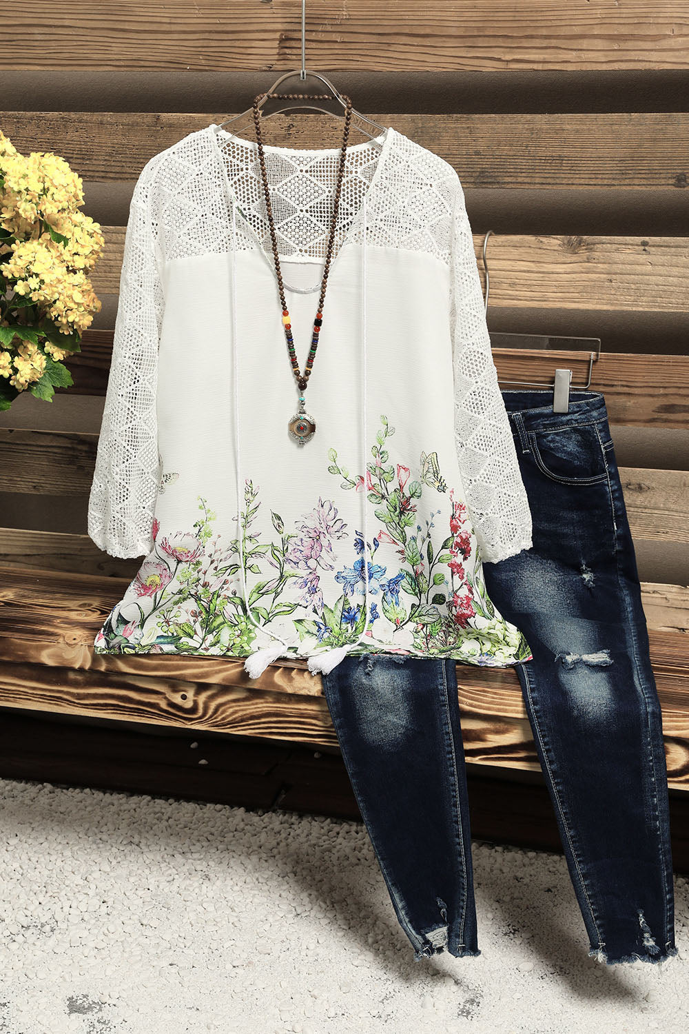 FloralPrint Casual V Neck 3/4 Sleeve Shirts & Tops