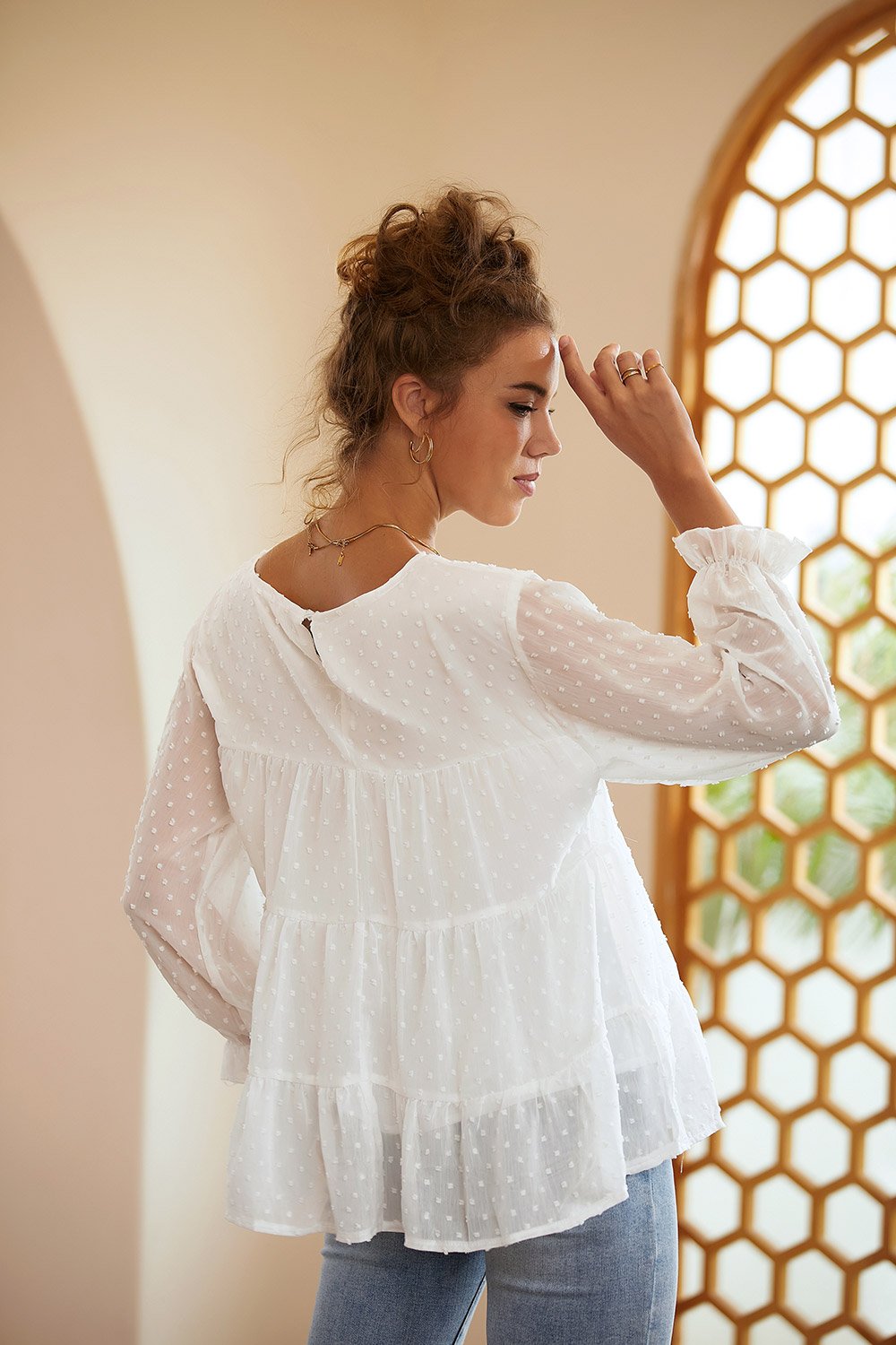 Ruffle Sleeve Round Neck Casual Shirt