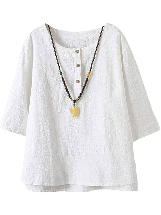 Women's 3/4 Sleeve Cotton Linen Jacquard Blouses Top Tshirt