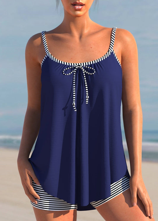 NAVY BLUE STRIPED BOWKNOT PLUS SIZE TANKINI