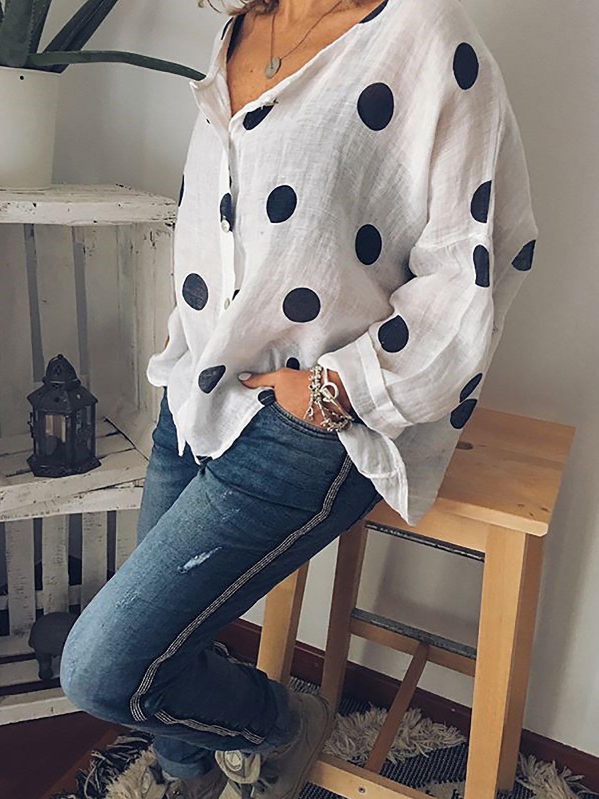 Buttoned Long Sleeve Casual Blouse